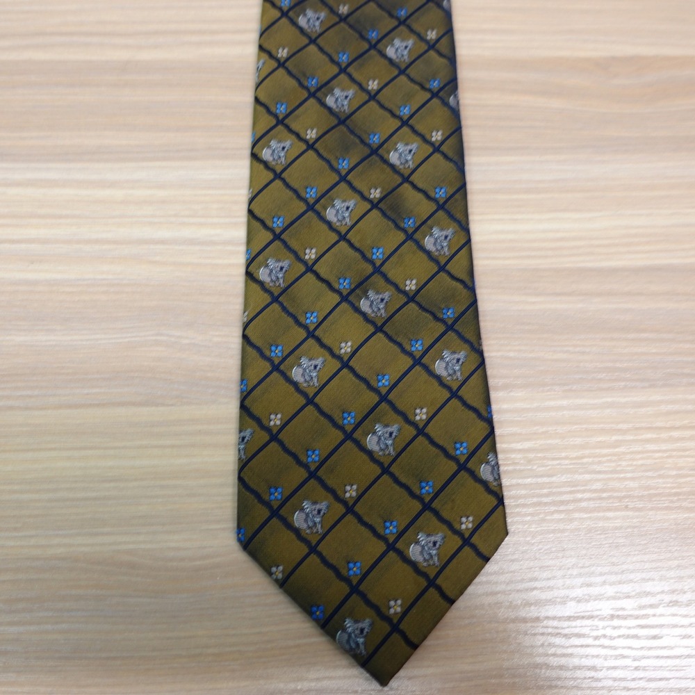 Koala Green Neck Tie Mens Olive Grid Lattice Florette Bear JOHN LOIS Australia - Picture 3 of 12